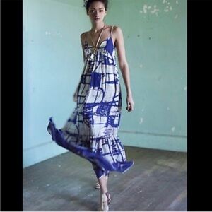 Anthropologie 100% Silk Blue and White Women's Maxi Dress
